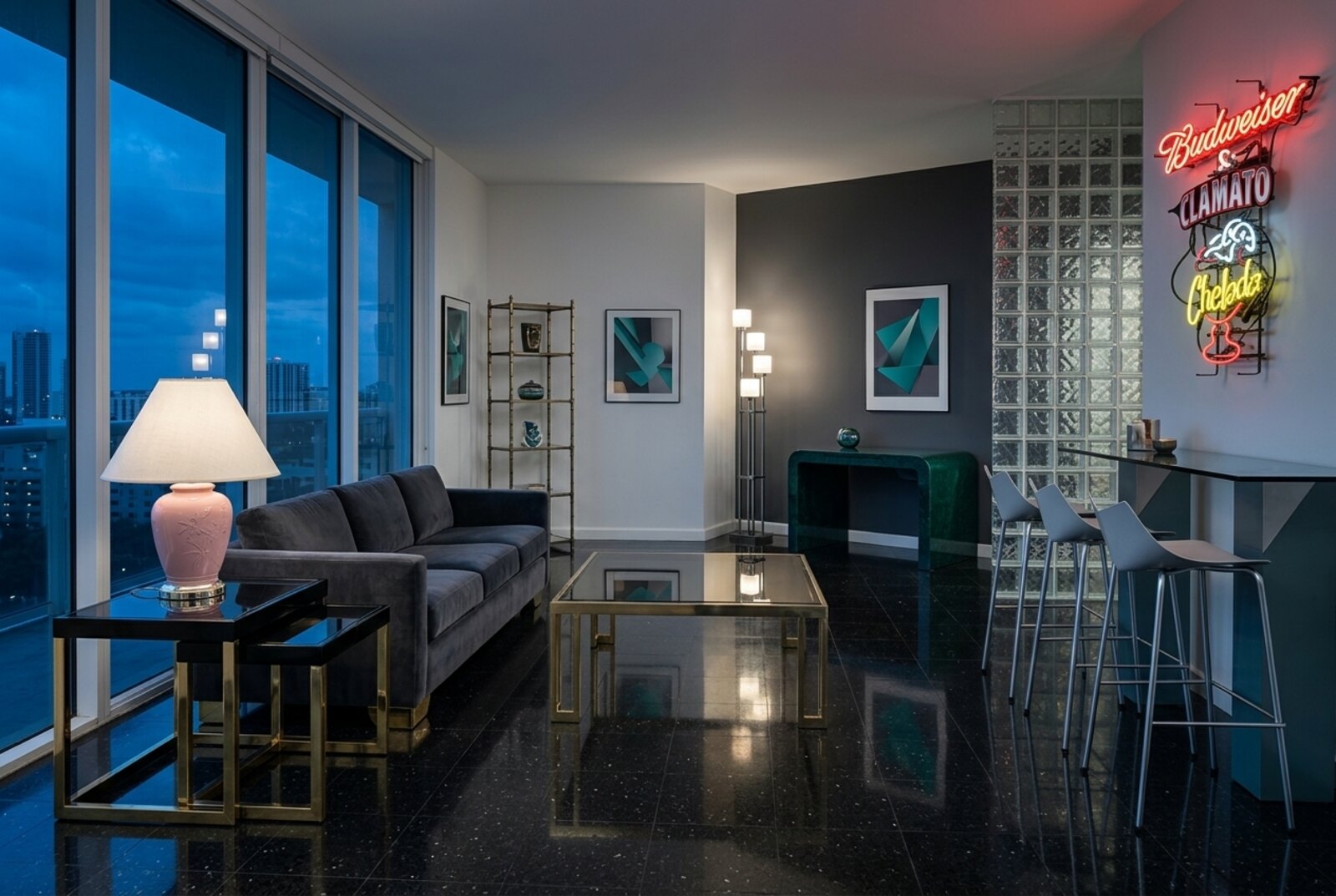 Staged 80s Memphis postmodern living room