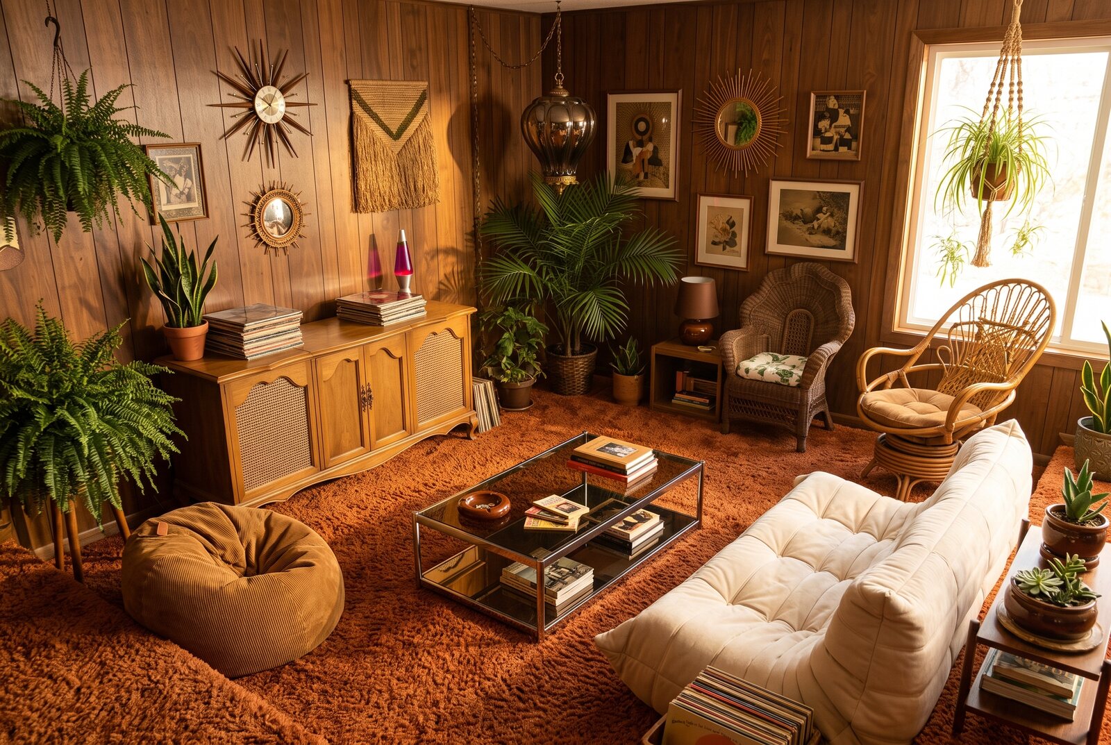 Staged 70s wood-paneled living room